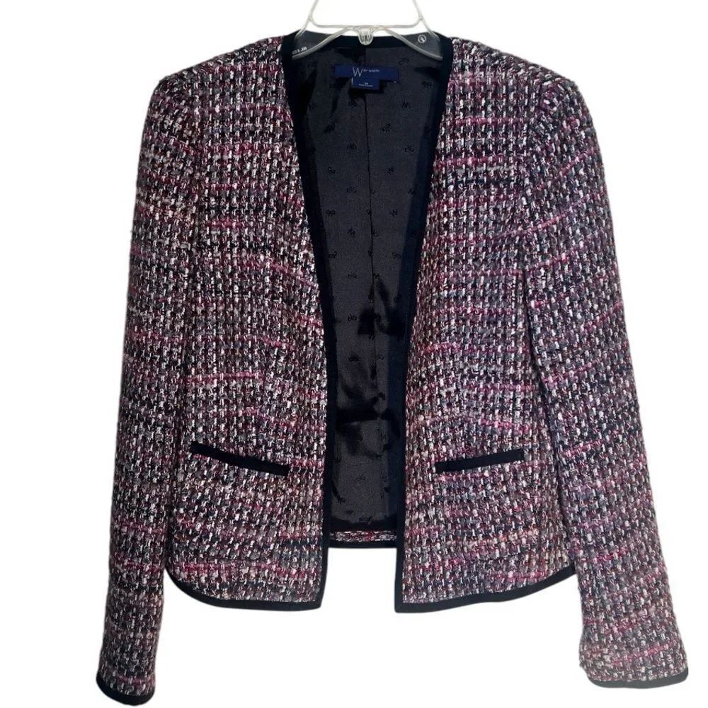 W by Worth Tweed Women Open Front Pink Black White Bouclé Classic Chic Jacket 10